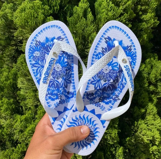 Chinelo de Dedo AZUL AZULEJO Primeira Linha Transfer Digital Sola Grossa Correia Grossa e Pingo de Luz