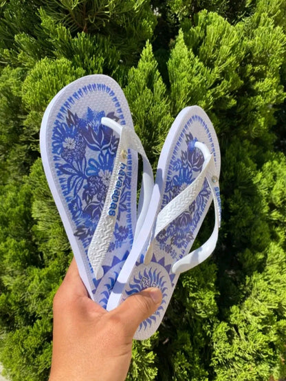 Chinelo de Dedo AZUL AZULEJO Primeira Linha Transfer Digital Sola Grossa Correia Grossa e Pingo de Luz